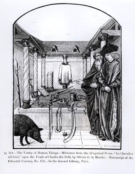 La vanità delle cose umane, da Le Chevalier delibere, un poema allegorico di Olivier de la Marche sulla morte di Carlo il Temerario (1433-77) da French School