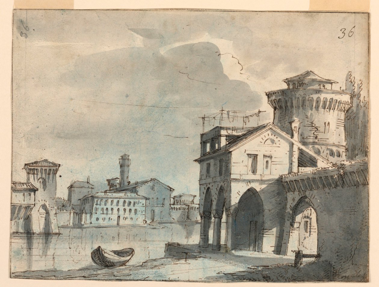 Progetto scenografico, edifici sul lungofiume da after Alessandro Sanquirico