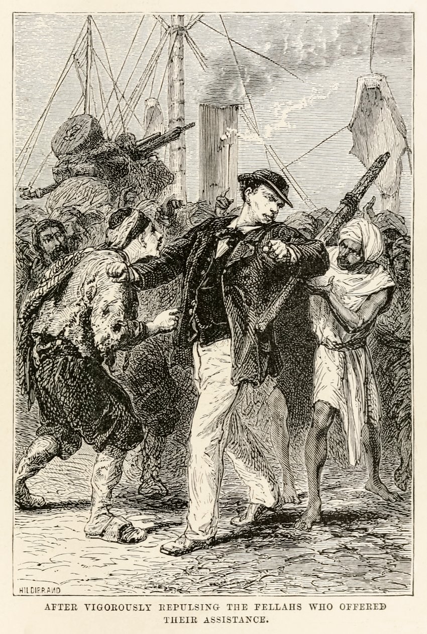 Dopo aver respinto vigorosamente i fellah che offrivano il loro aiuto, da Il giro del mondo in ottanta giorni di Jules Verne (1828-1905) inciso da Henri-Théophile Hildebrand (1824-1897), 1873 da after Alphonse Marie de Neuville