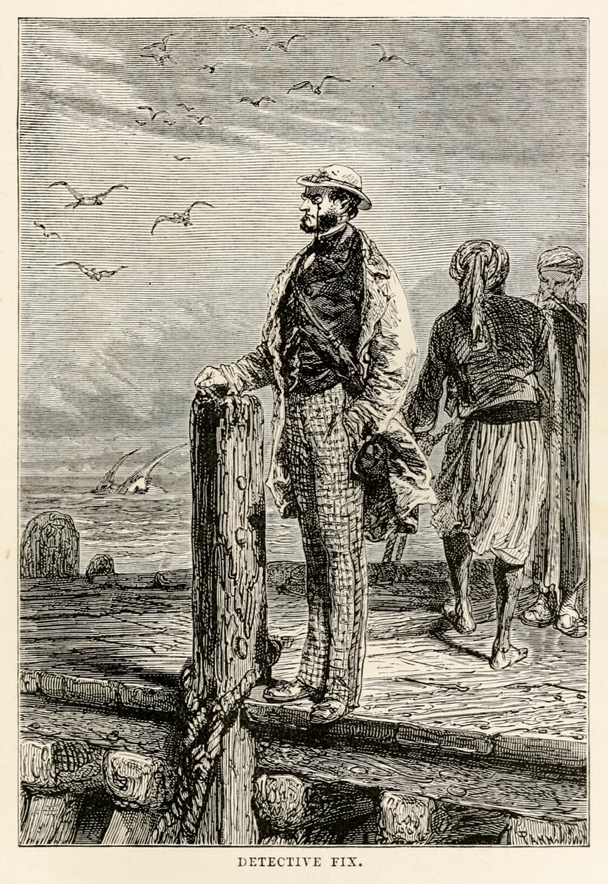 Detective Fix, da Il giro del mondo in ottanta giorni di Jules Verne (1828-1905) inciso da Louis Dumont (n.1822), 1873 da after Alphonse Marie de Neuville