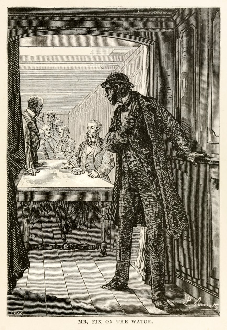 Il signor Fix in guardia, da Il giro del mondo in ottanta giorni di Jules Verne (1828-1905) inciso da Louis Dumont (n.1822), 1873 da after Alphonse Marie de Neuville