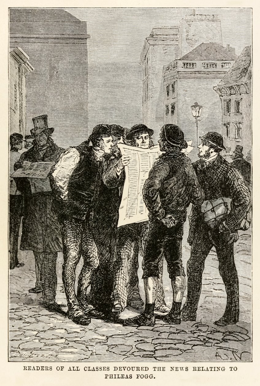 I lettori di tutte le classi divoravano le notizie relative a Phileas Fogg, da Il giro del mondo in ottanta giorni di Jules Verne (1828-1905) inciso da Louis Dumont (n.1822), 1873 da after Alphonse Marie de Neuville