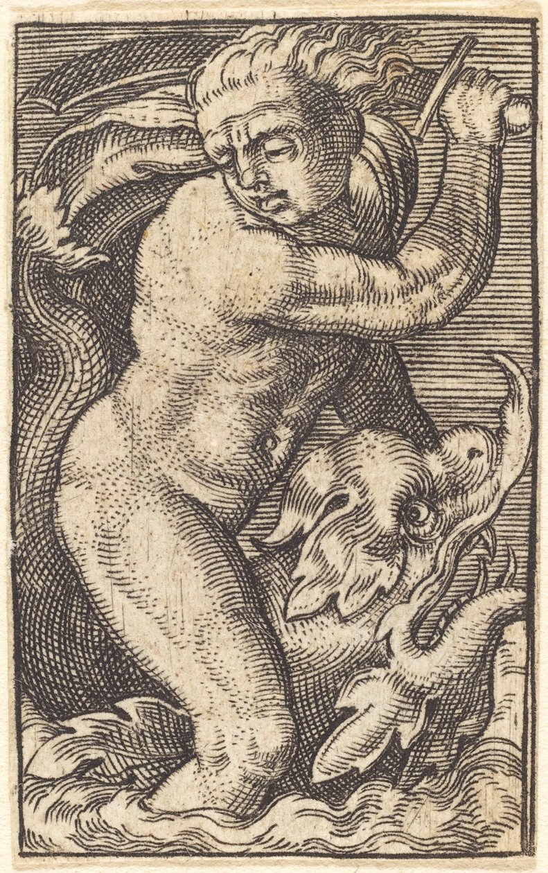 Copia inversa di "Dio del mare a sinistra che cavalca un delfino" da after Barthel Beham