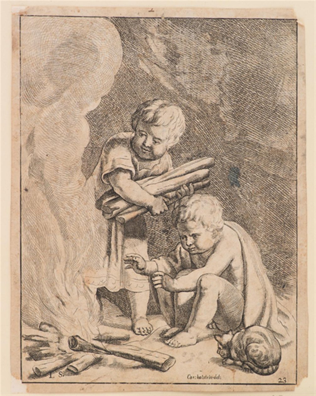 Due bambini che fanno fuoco da after Cornelis Holsteyn