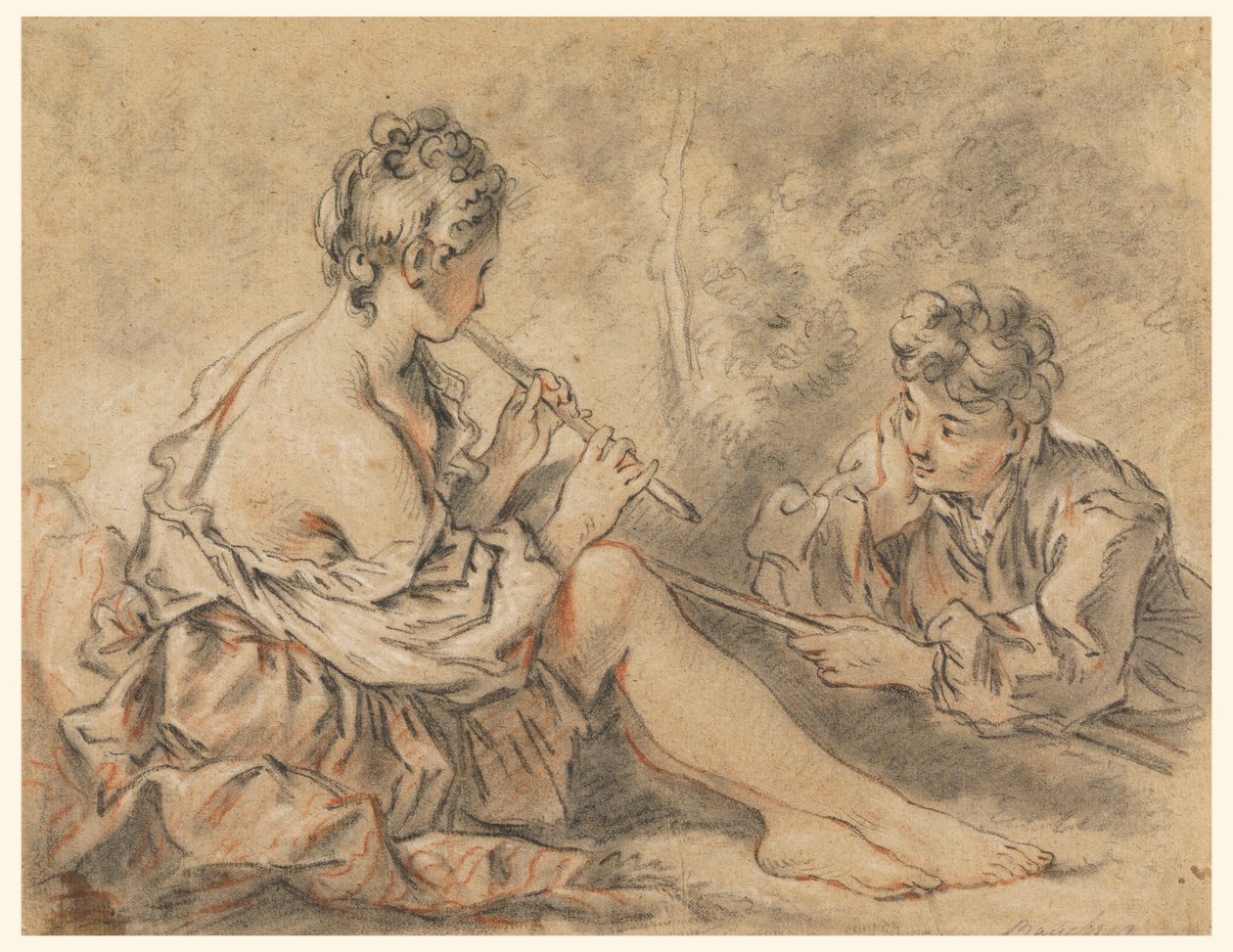 Pastorella che suona il flauto a un pastore da after Francois Boucher