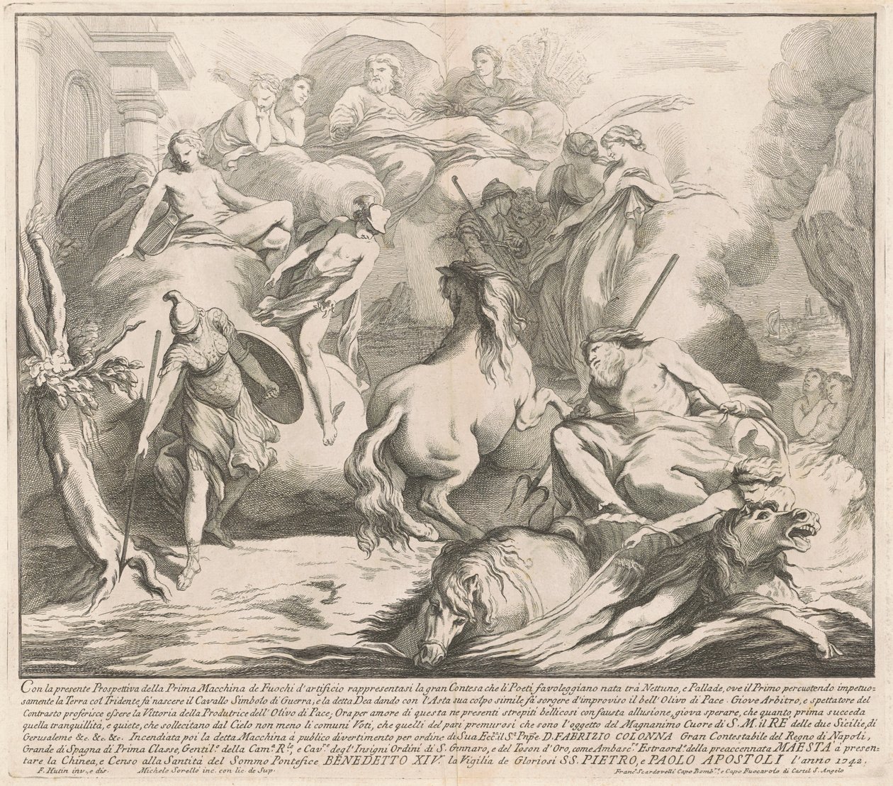 La Prima Macchina per la Chinea del 1742: La Contesa di Nettuno e Minerva da after François Hutin Miguel de Sorellò