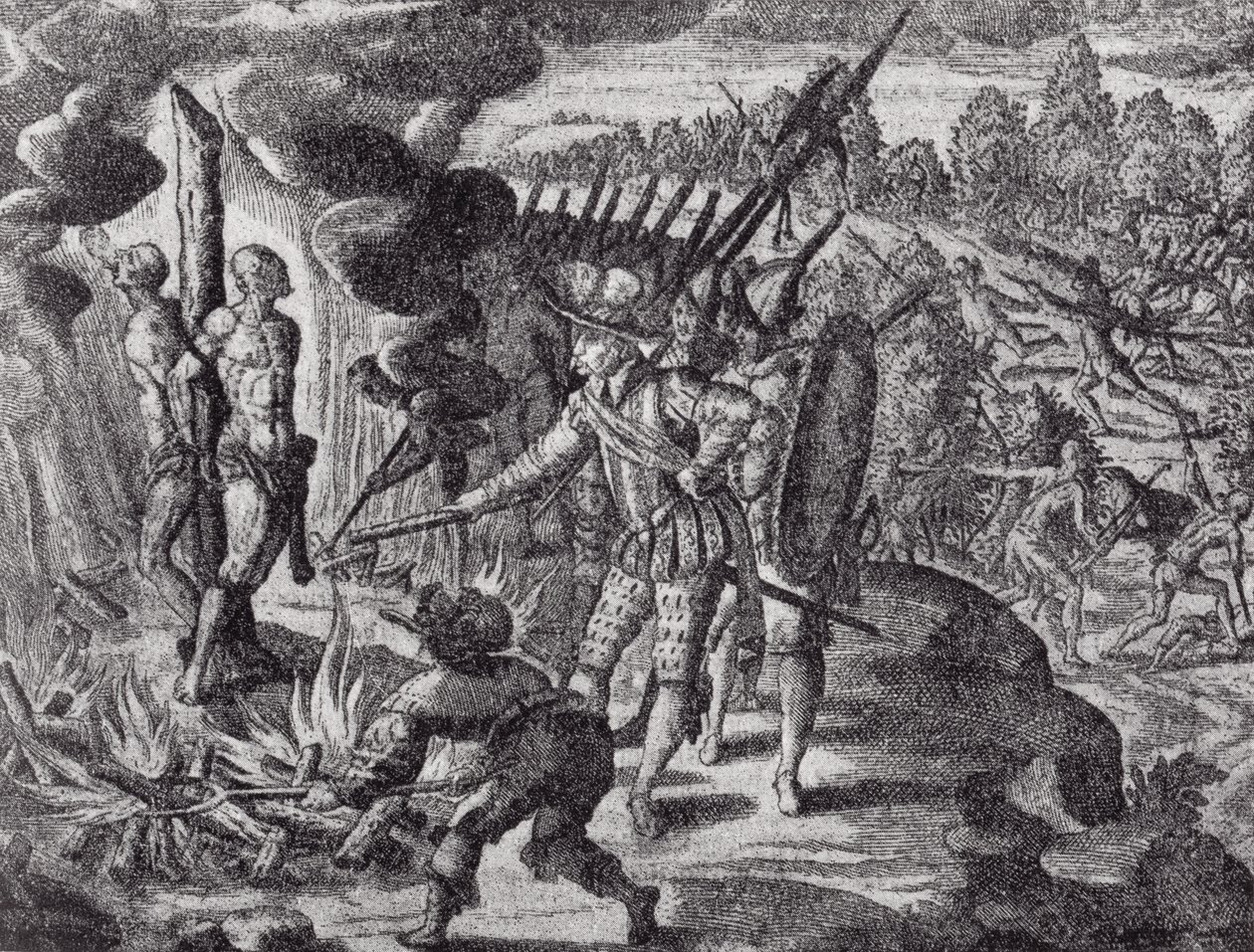La vendetta degli spagnoli per la morte di Ayolas, da Historia Antipodum di Gottfried, pubblicato nel 1655, da Il romanzo del Rio della Plata, Vol. I, di W. H. Koebel, 1914 da after German School