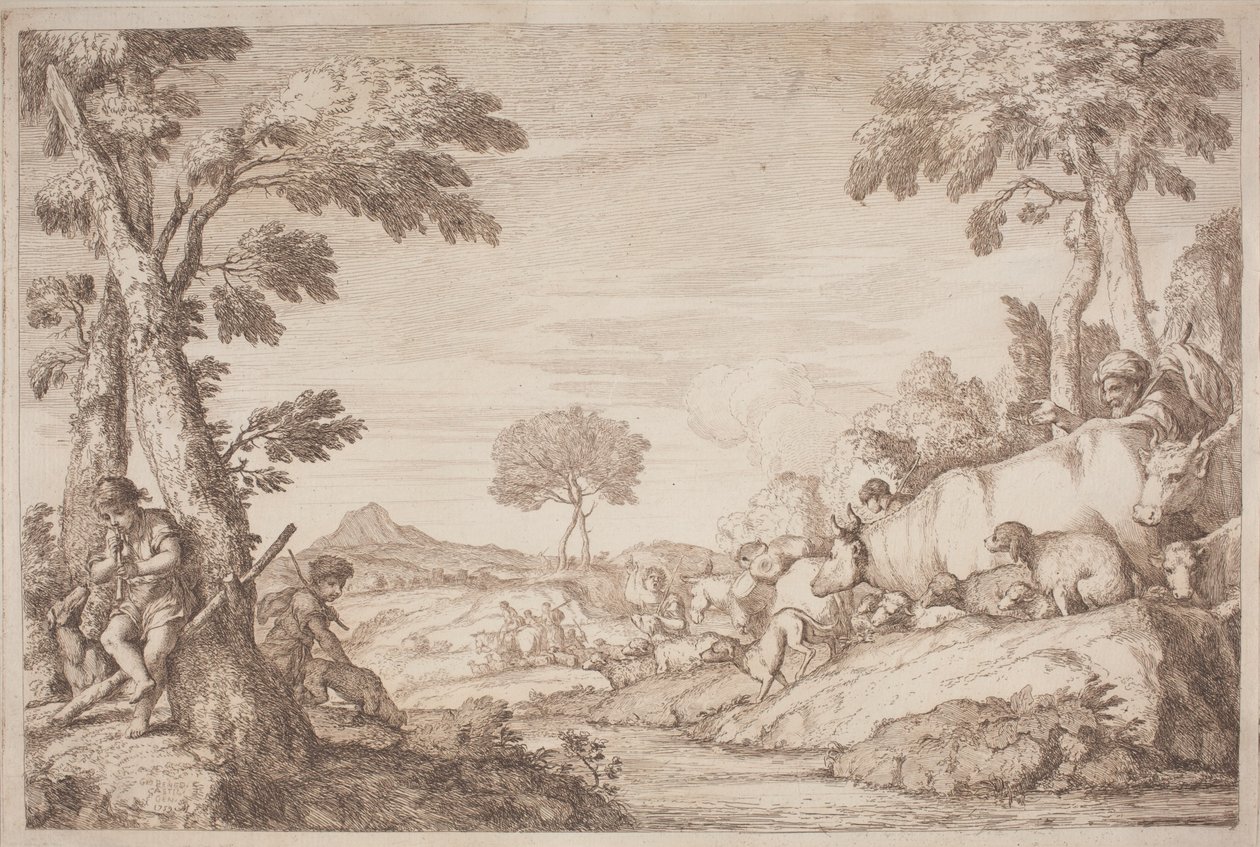 Un viaggio pastorale con un ragazzo che suona il flauto sotto un albero da after Giovanni Benedetto Castiglione Gaetano Zompini