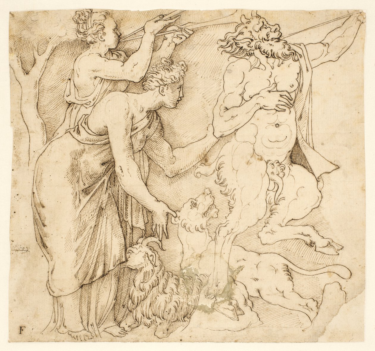 Un satiro, due donne, un leone e una capra da after Giulio Romano