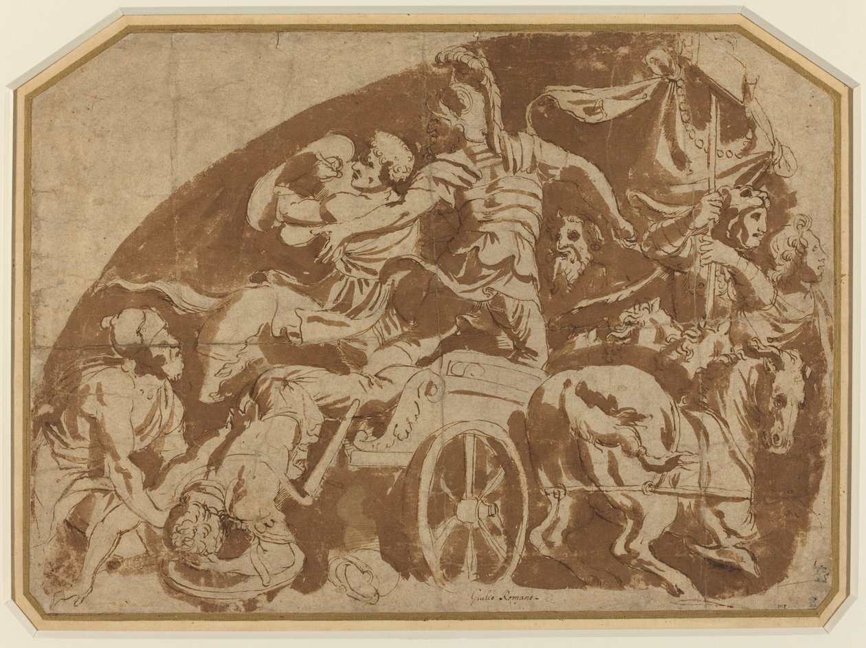 Fuga di Merione, con il corpo di Coerano trascinato dal carro da after Giulio Romano
