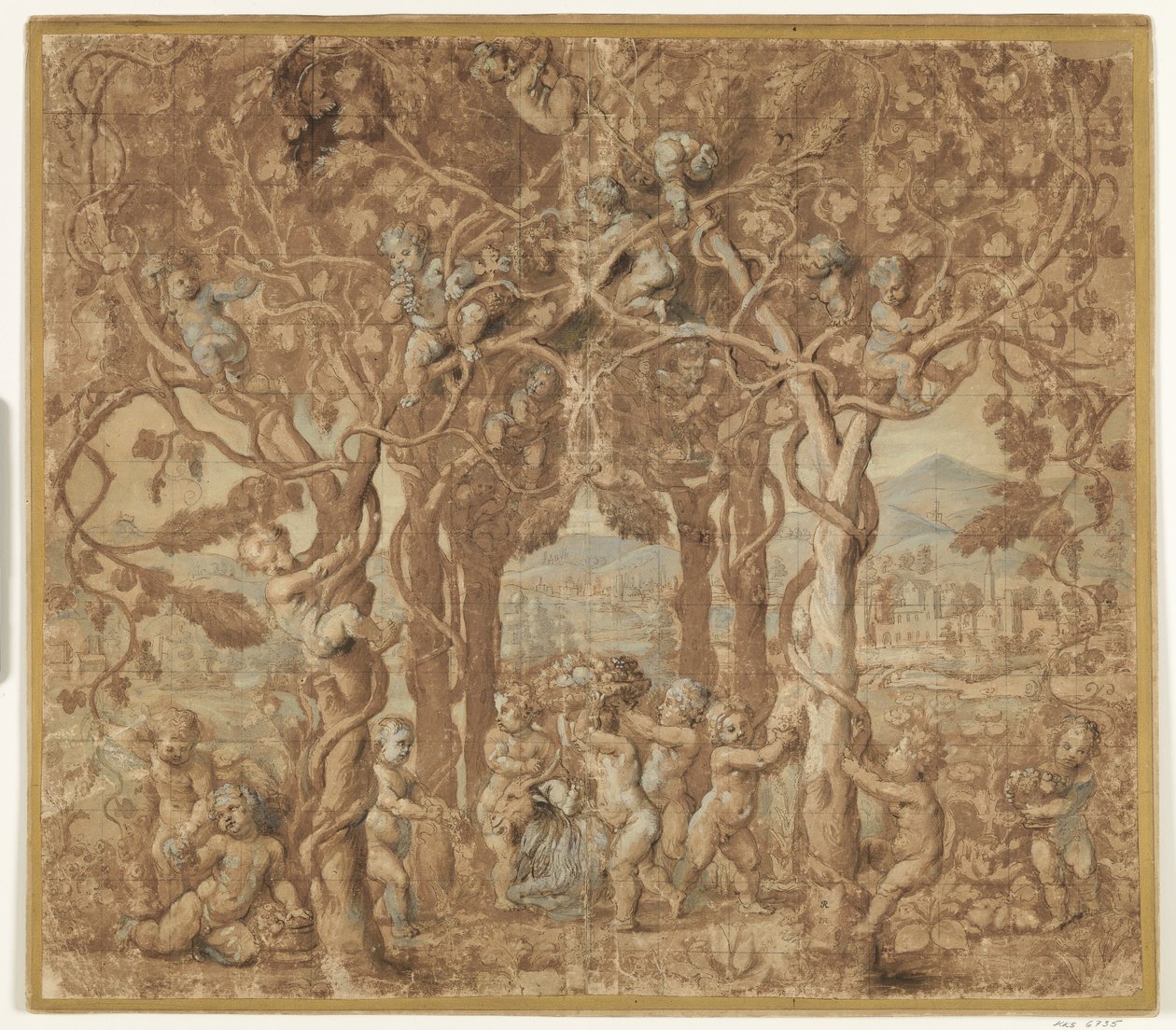 Putti che raccolgono uva e giocano con una capra da after Giulio Romano