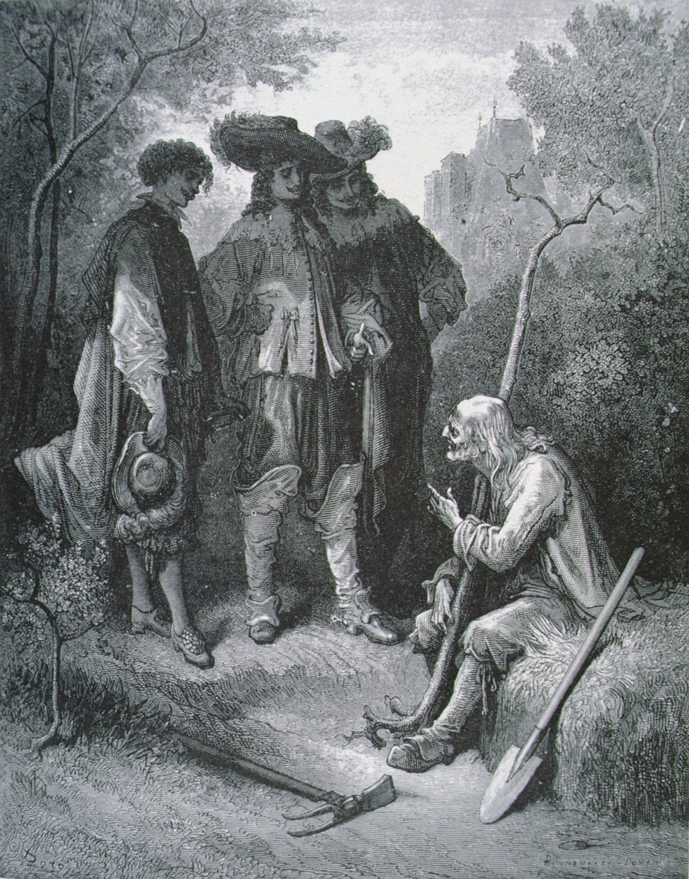 Illustrazione per Il vecchio e i tre giovani, dalle Favole di Jean de La Fontaine da Gustave after Dore