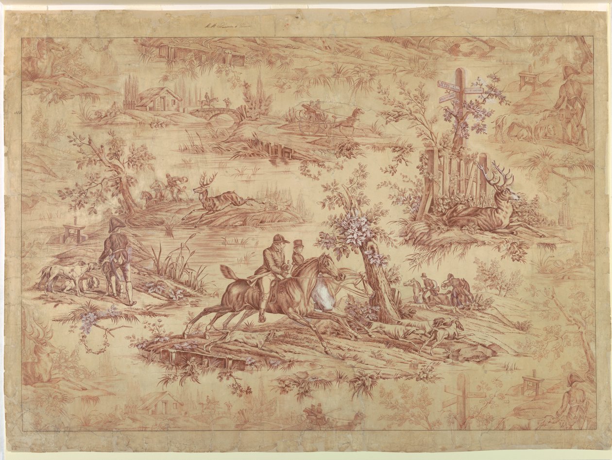 Cartone per tessuto stampato in cotone, La Route de Jouy da after Horace Vernet