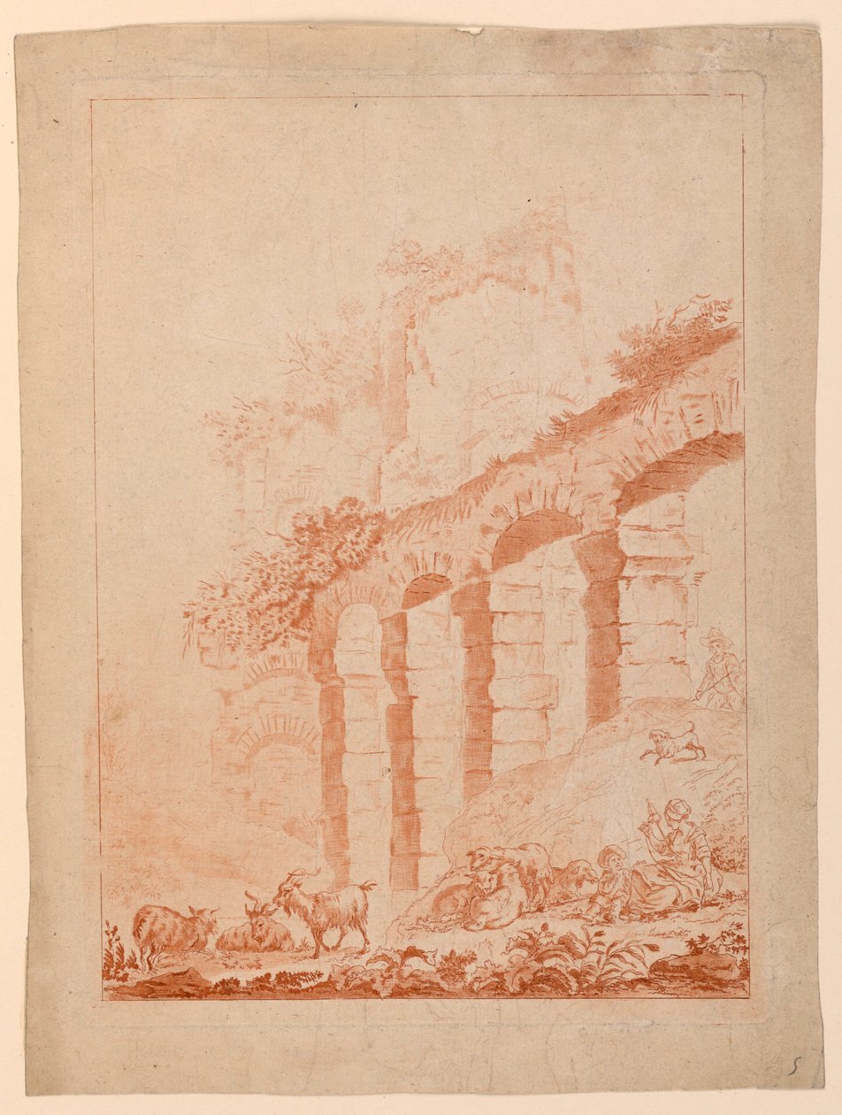 Caprai in paesaggio con rovine da after Jean Baptiste Huet