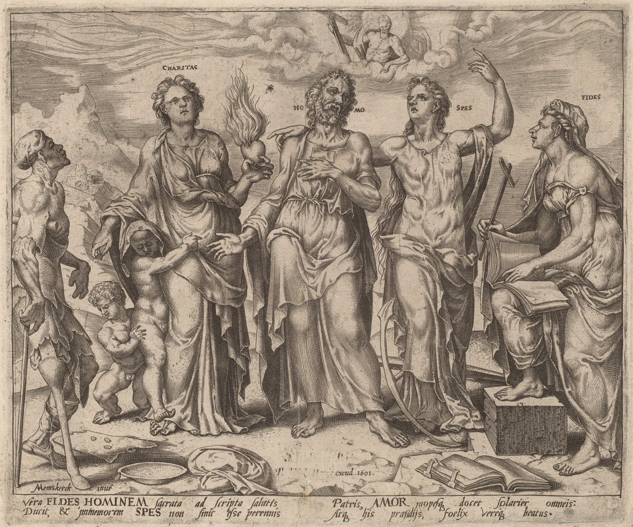Uomo Assistito da Fede, Speranza e Carità da after Maerten van Heemskerck