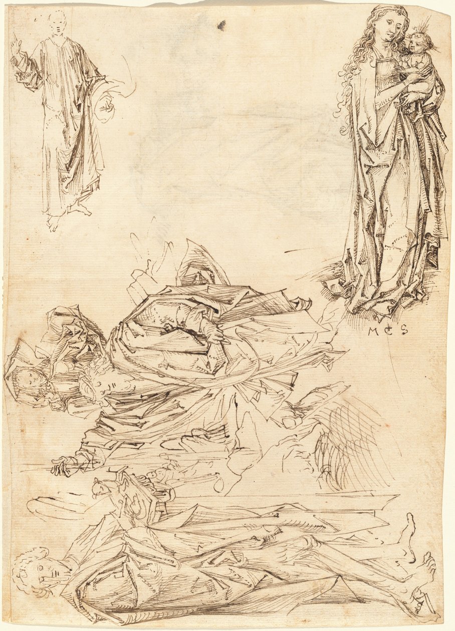 San Cristoforo, San Giovanni Battista, la Vergine e il Bambino, e Cristo che Benedice da after Martin Schongauer Master of the Drapery Studies