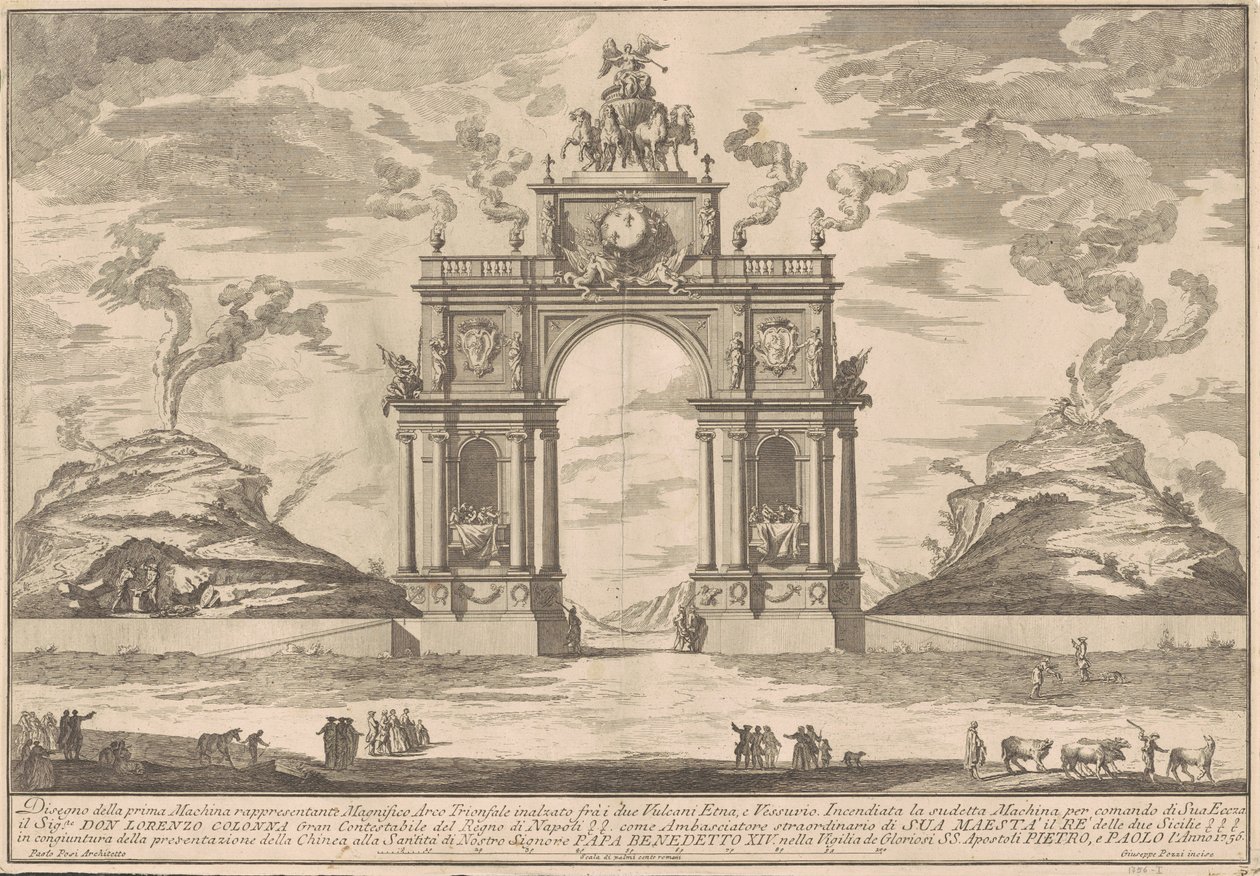La Prima Macchina per la Chinea del 1756: Un Arco Trionfale tra il Monte Etna e il Monte Vesuvio da after Paolo Posi Giuseppe Pozzi