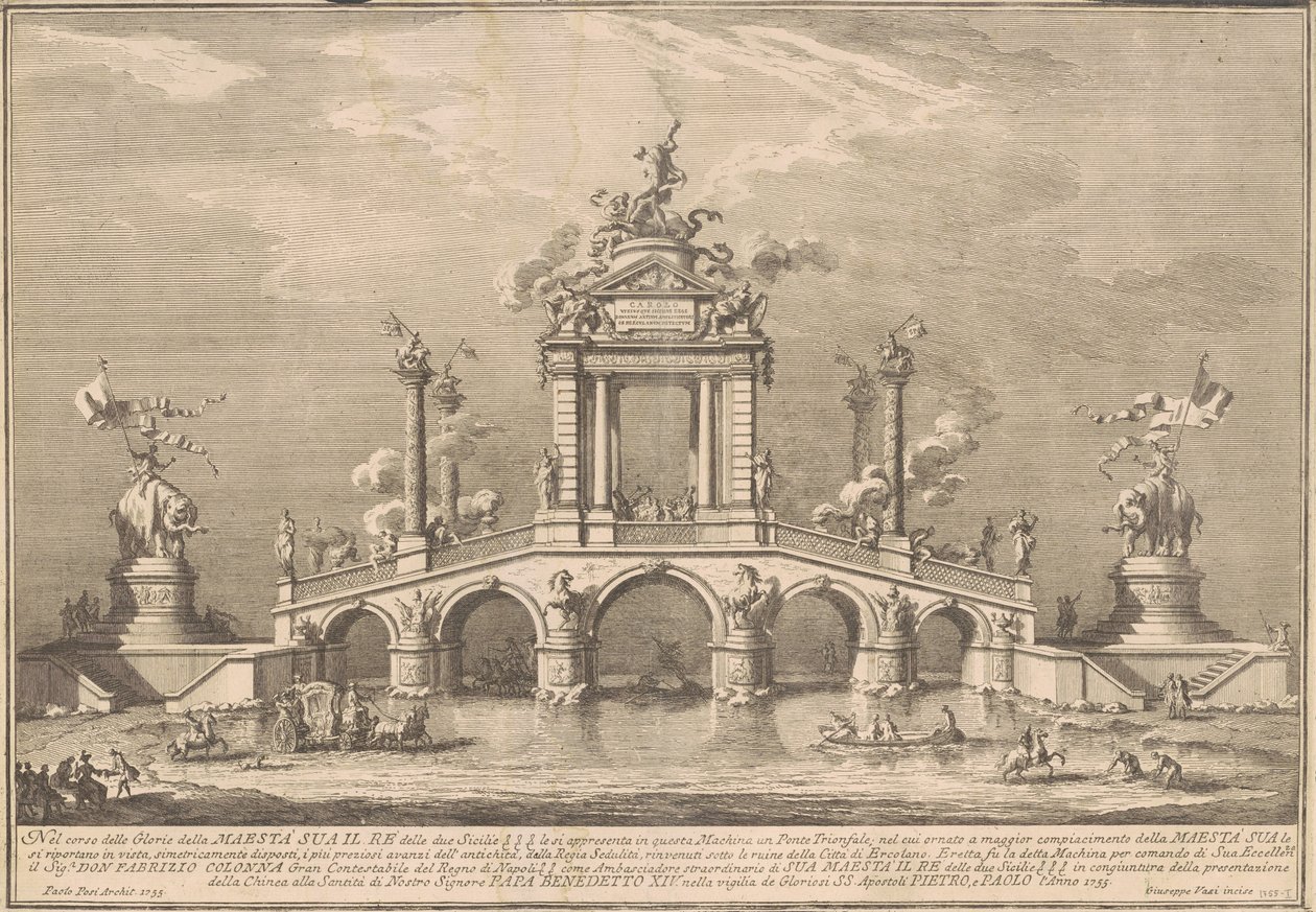 La Prima Macchina per la Chinea del 1755: Un ponte trionfale con antichità di Ercolano da after Paolo Posi Giuseppe Vasi
