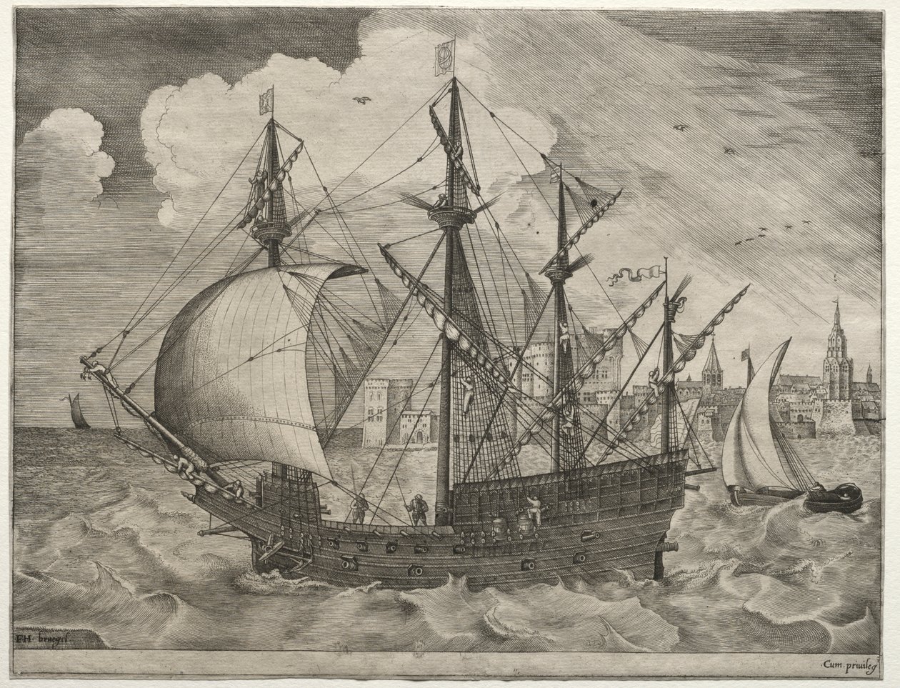 Navi a Vela: Quattro Alberi Armati che Salpano da after Pieter Bruegel