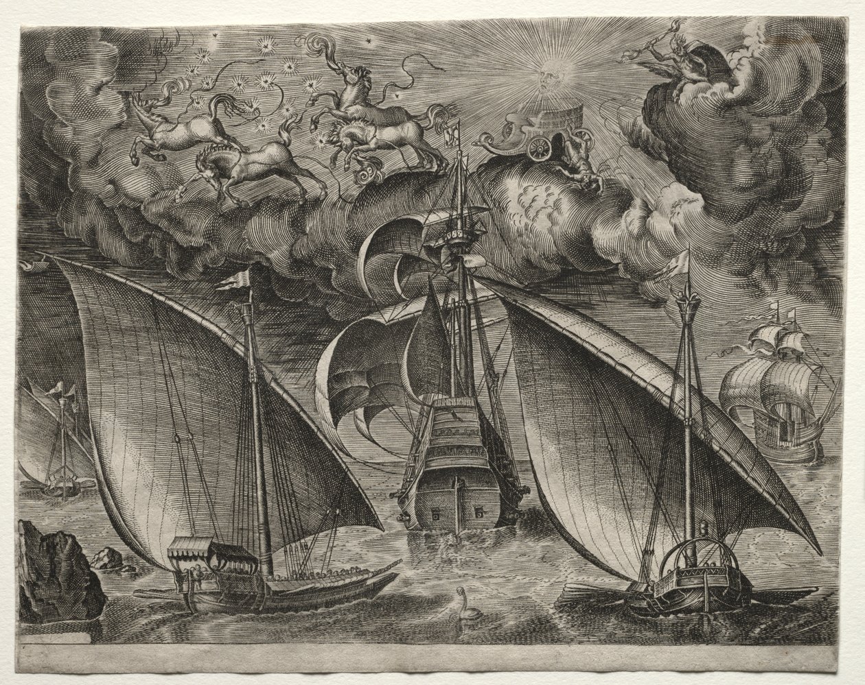 Navi a Vela: Due Galee che Navigano Dietro un Tre Alberi Armato con Fetonte e Giove nel Cielo da after Pieter Bruegel