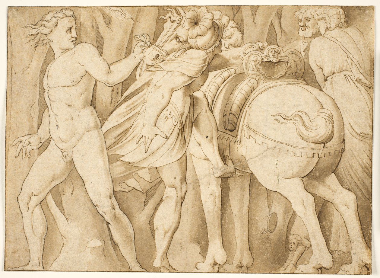 Scena della storia romana? Un uomo che monta un cavallo tenuto da un uomo nudo da after Polidoro da Caravaggio