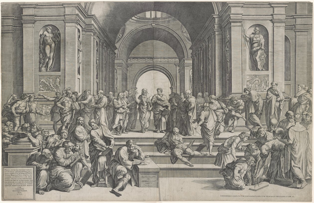 La scuola di Atene. Pub. 1550 da after Raphael