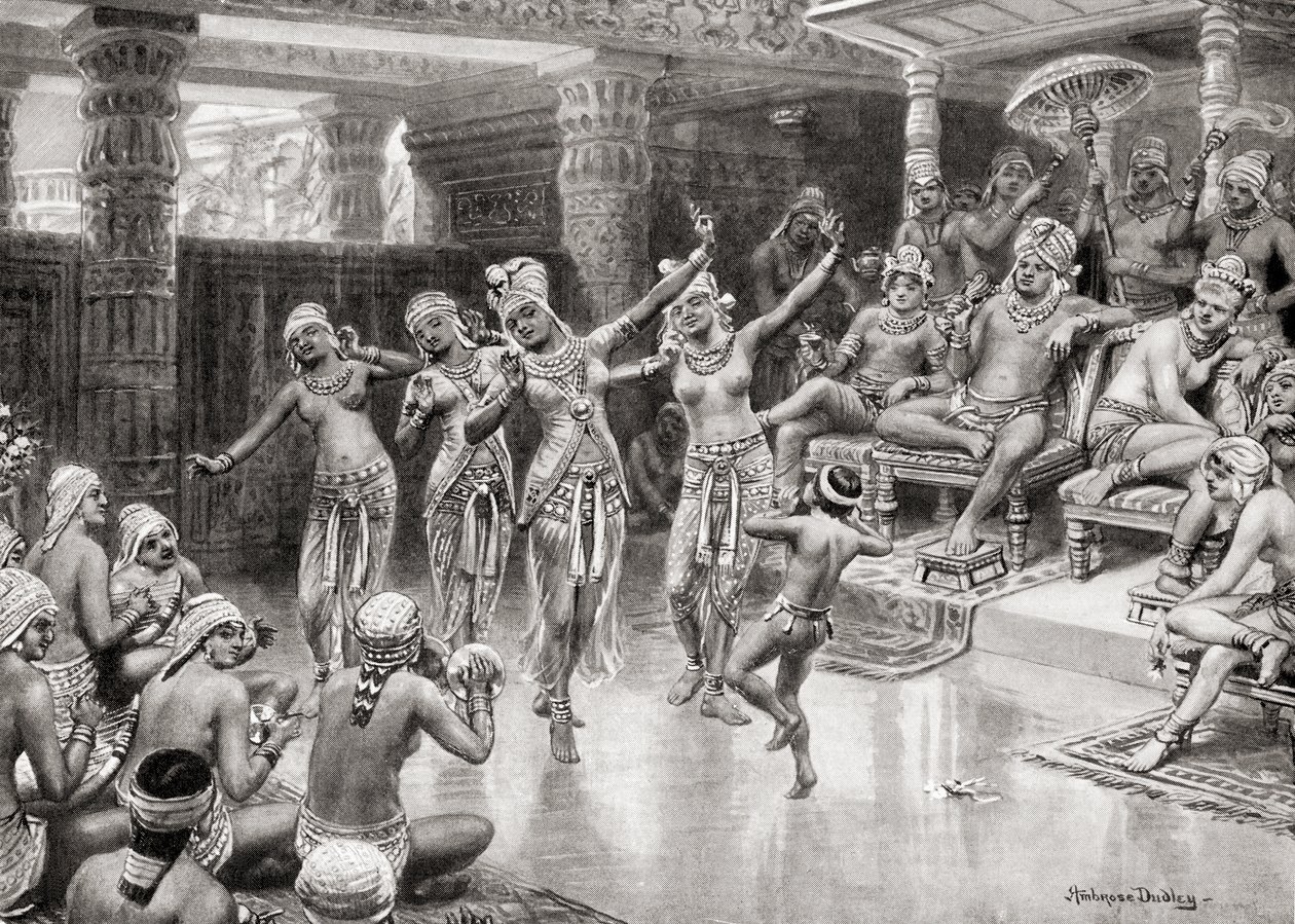 Impressione di un artista del XIX secolo di Gautamiputra Satakarani che celebra la sua vittoria su Nahapana, da Hutchinsons History of the Nations, pub.1915 da after Robert Dudley