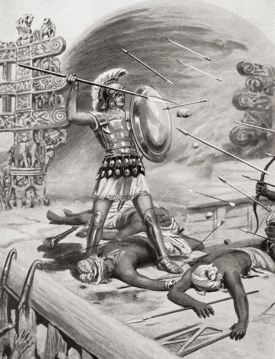 Alessandro Magno combatte gli Assacani nella città fortificata di Massaga, India durante la sua Campagna Indiana nel 326 a.C., da Hutchinsons History of the Nations, pub.1915 da after Robert Dudley