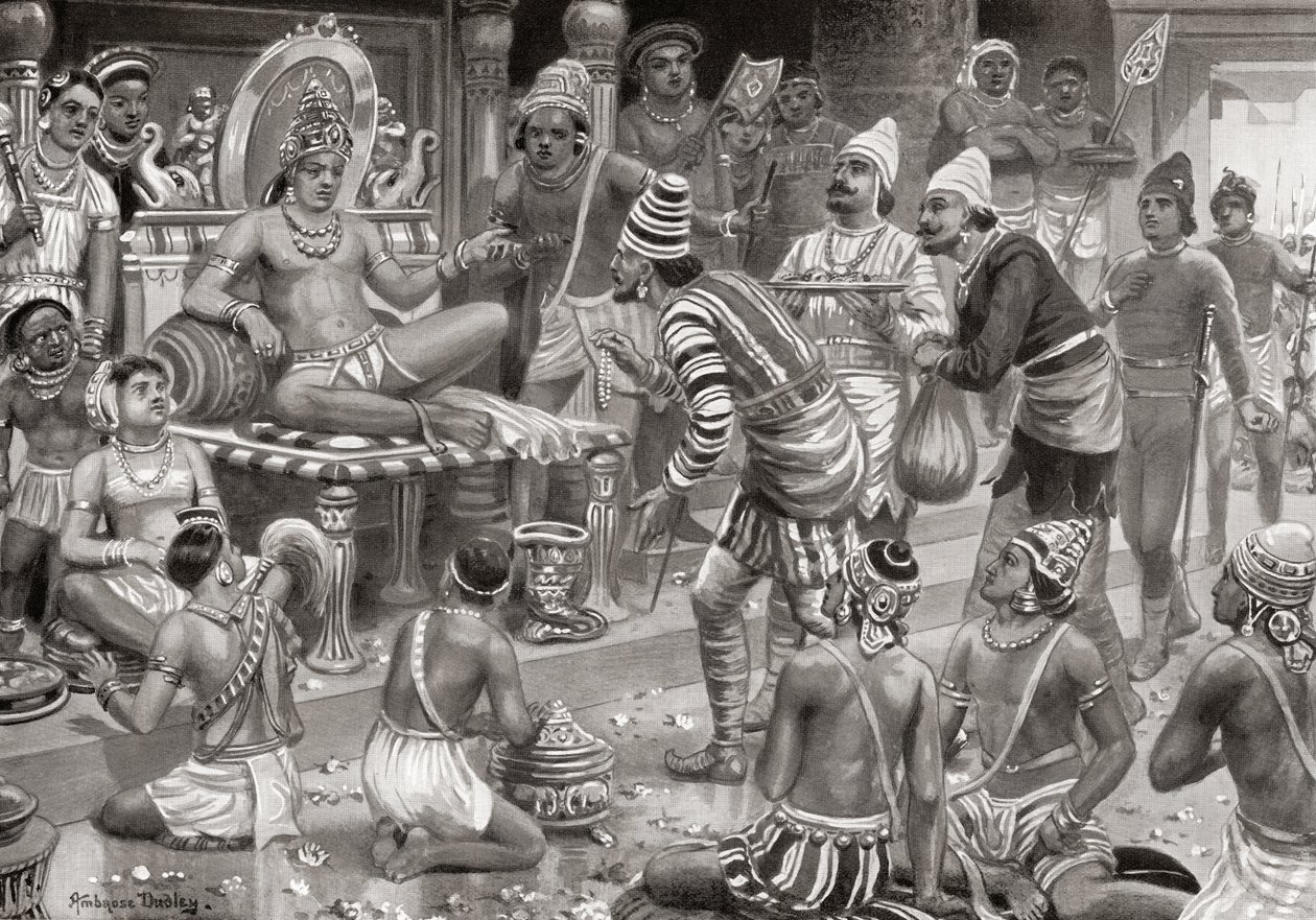 Pulakeshin II, il Chalukaya, riceve inviati dalla Persia a Badami, da Hutchinsons History of the Nations, pub.1915 da after Robert Dudley