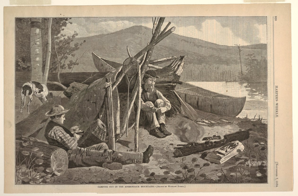 Campeggio nelle montagne Adirondack da after Winslow Homer