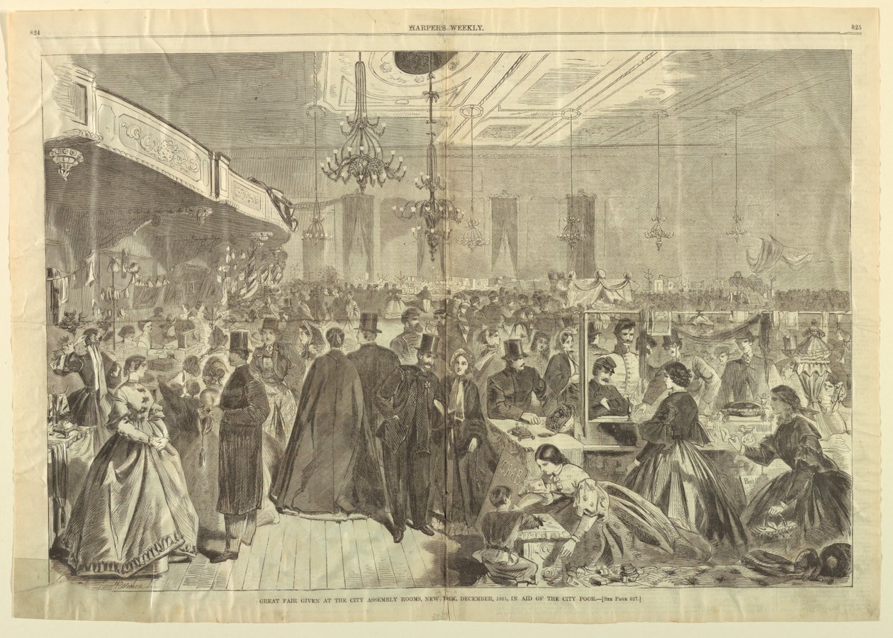 Grande fiera tenuta alla City Assembly Rooms, New York, dicembre 1861, in aiuto dei poveri della città, da Harper