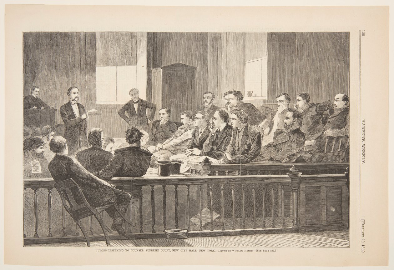 Giurati che Ascoltano il Consiglio, Corte Suprema, Nuova City Hall, New York da after Winslow Homer