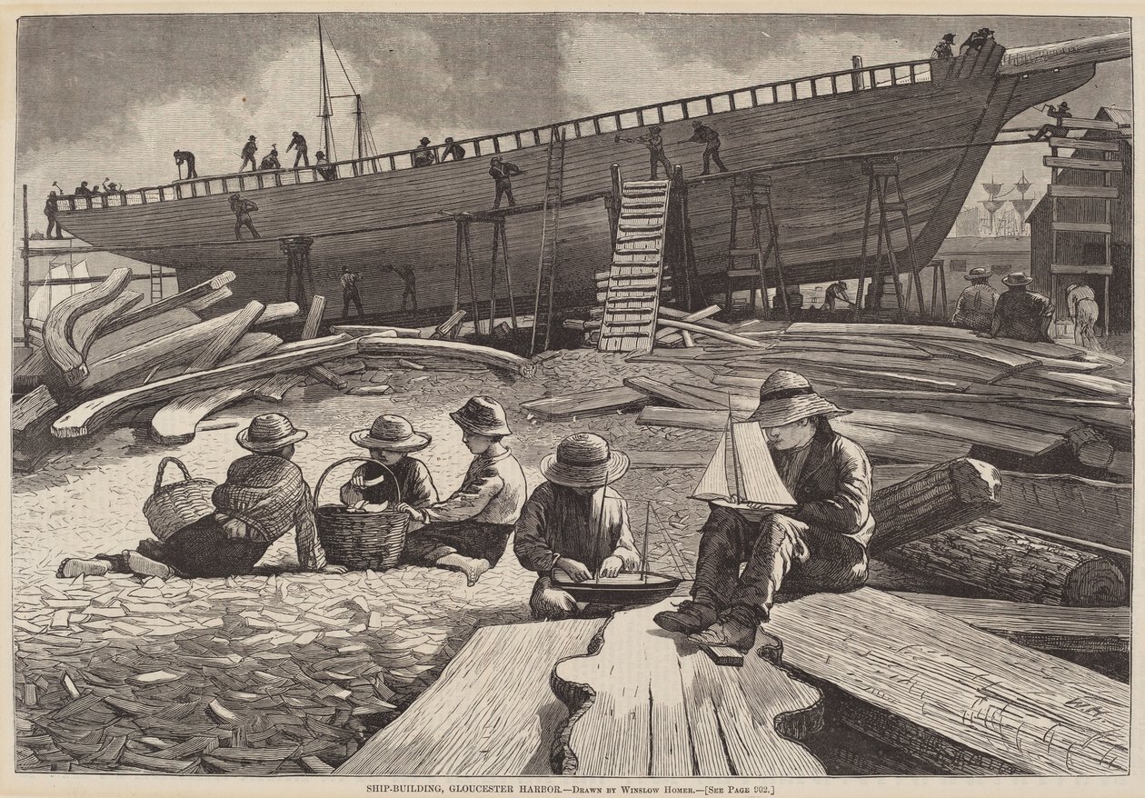 Costruzione di navi, porto di Gloucester da after Winslow Homer