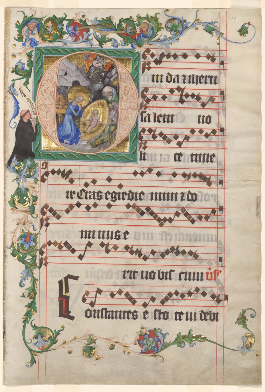 Bifolio da un antifonario: Iniziale istoriata O con la Natività da after a work attributed to Zhou Wenju