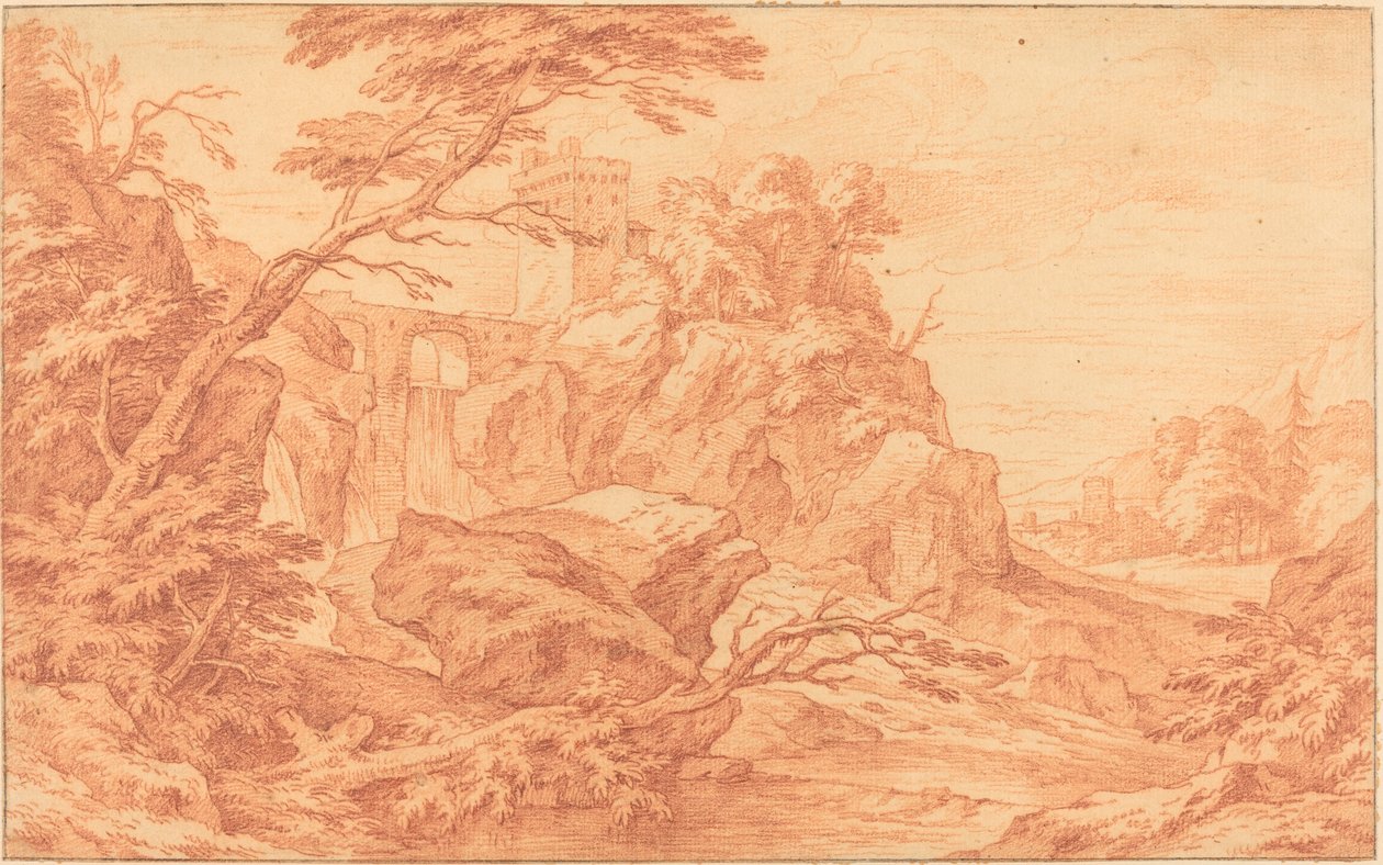 Paesaggio roccioso con torre di pietra e cascata da attributed to Adriaen Frans Boudewyns