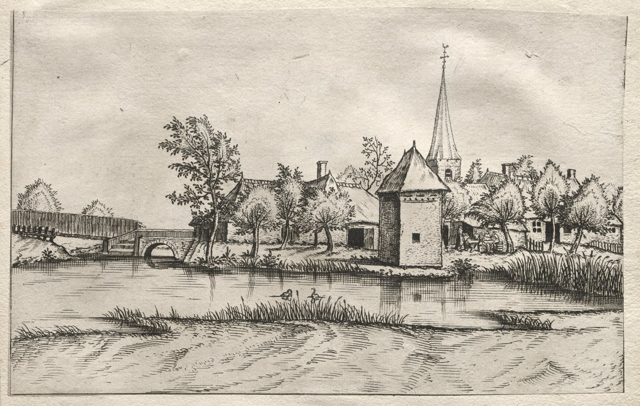 Vedute di villaggi nel Brabante e nella Campine: Un villaggio con fossato da attributed to Master of the Small Landscapes