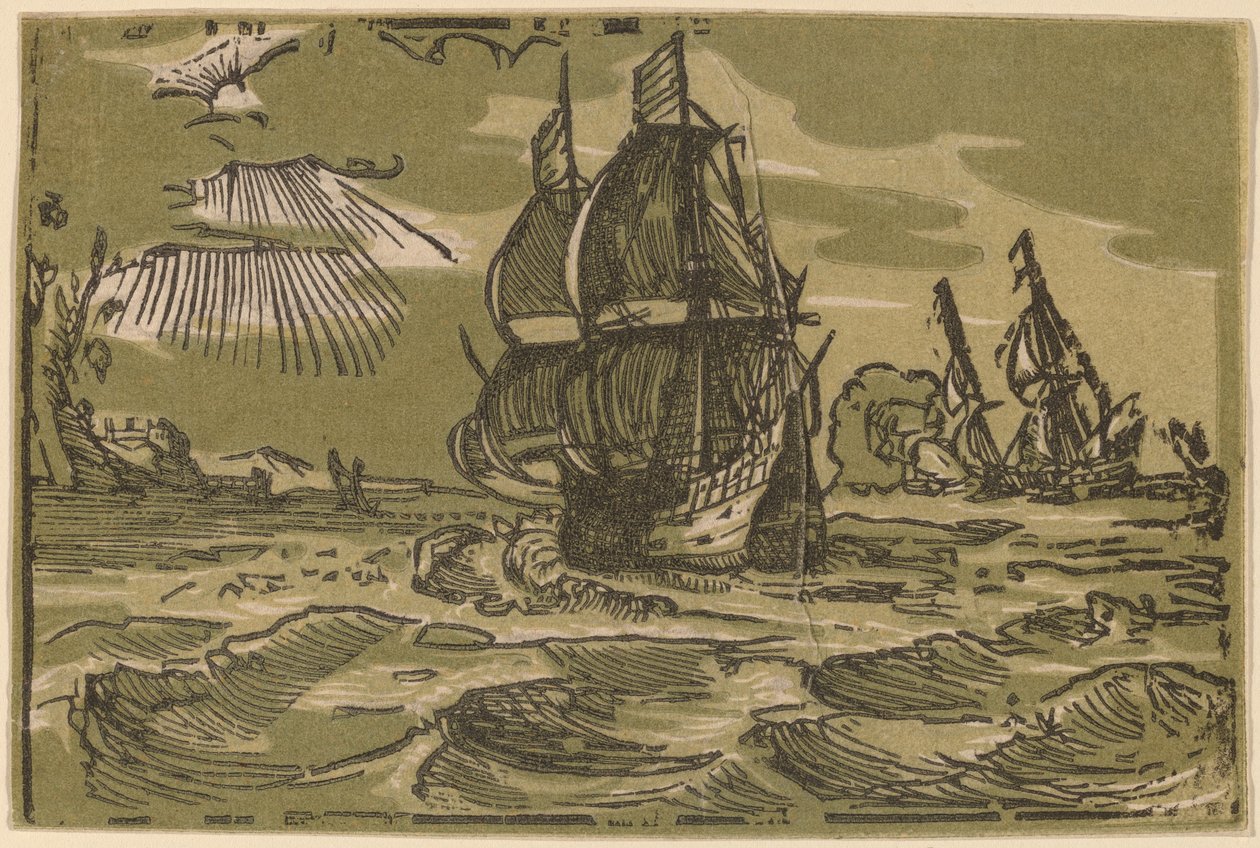 Due Navi a Tre Alberi al Largo di una Costa da attributed to workshop of Willem Jansz. Blaeu