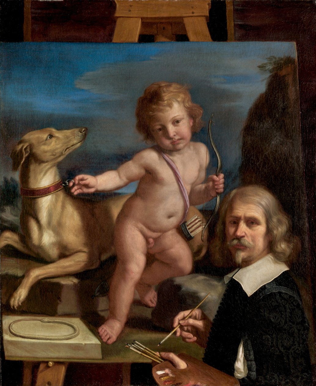 Autoritratto davanti a un dipinto di "Amor Fedele" da called Guercino Giovanni Francesco Barbieri