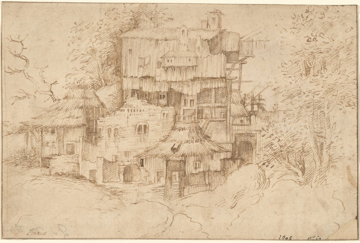 Un complesso di case rustiche costruite su rovine da circle of Giorgione