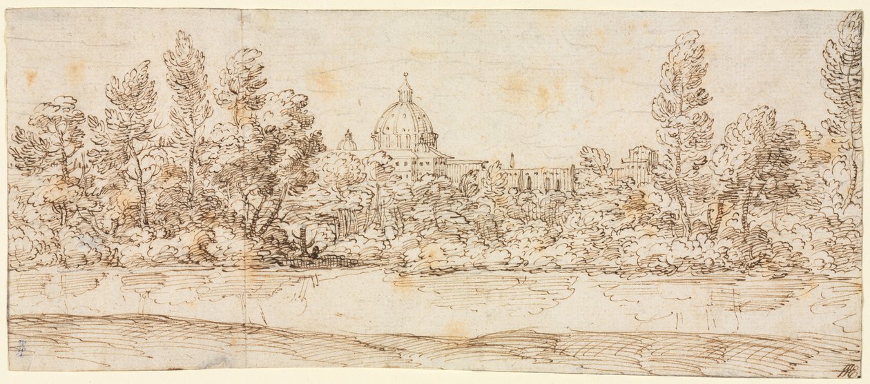 Paesaggio Fluviale con Vista della Basilica di San Pietro da circle of Giovanni Francesco Grimaldi