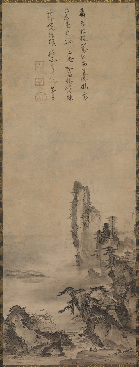 Tempio solitario e scogliera imponente da circle of Kenkō Shōkei
