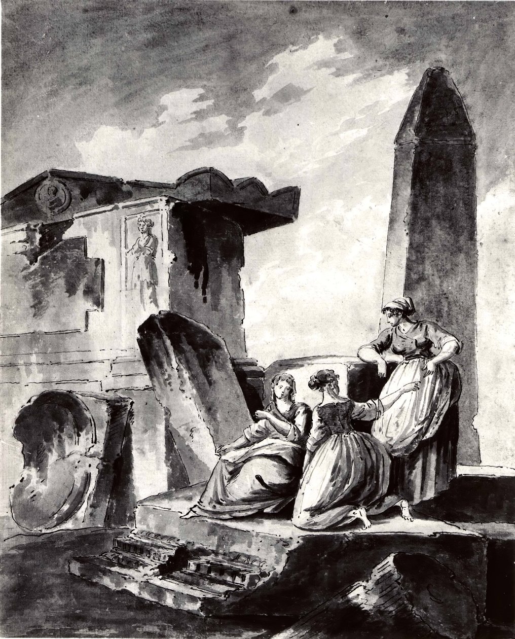 Tre giovani ragazze tra le rovine da copy after Hubert Robert.