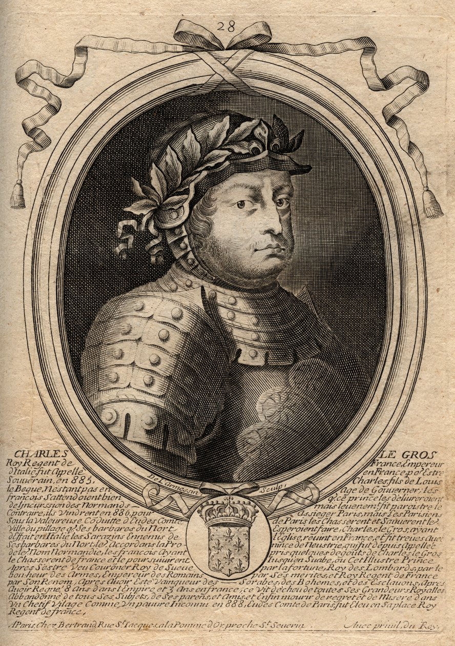 Dinastia carolingia: Ritratto di Carlo III il Grosso (839-888) Re dei Franchi - Carlo III il Grasso - incisione da 