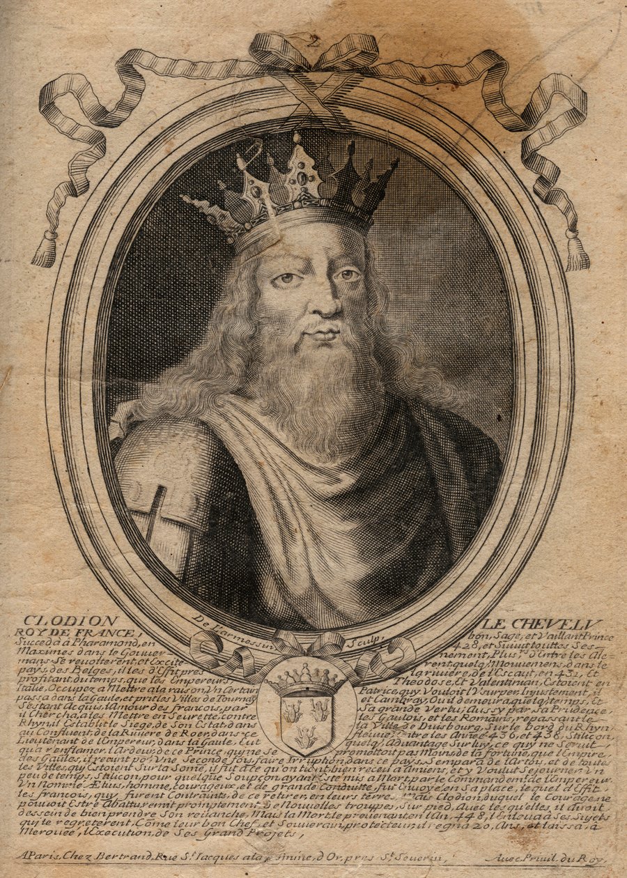 Clodione detto "Le Chevelu" (428-448), antenato dei Merovingi, capo dei Franchi Salii - Clodione Il Capelluto (c.428-47) Re di una Tribù dei Franchi Salii - incisione da 