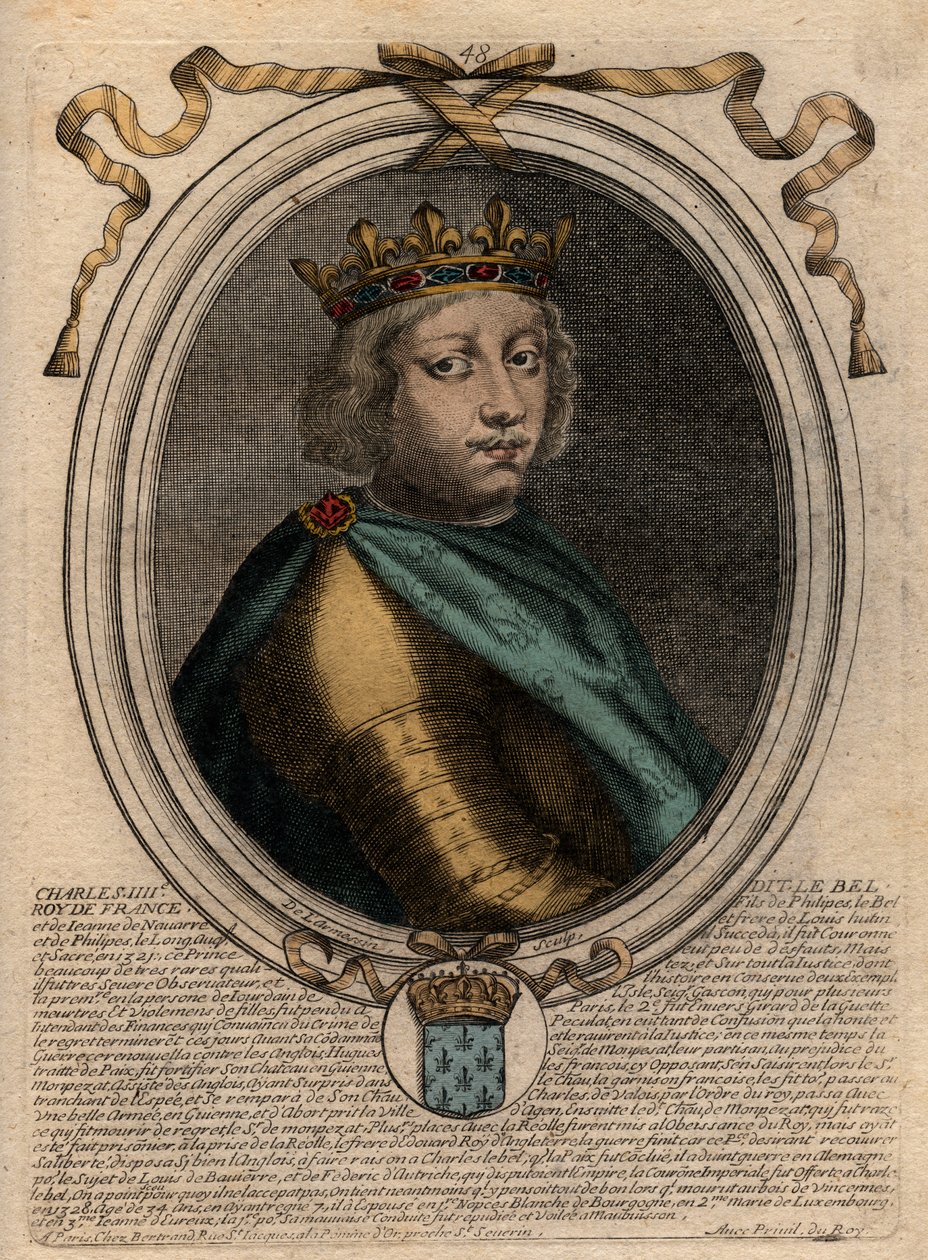 Ritratto di Carlo IV il Bello (1294-1328), Re di Francia - Incisione da "Les Augustes Representations de tous les Rois de France da Pharamond a Luigi XIV", Parigi da de Larmessin