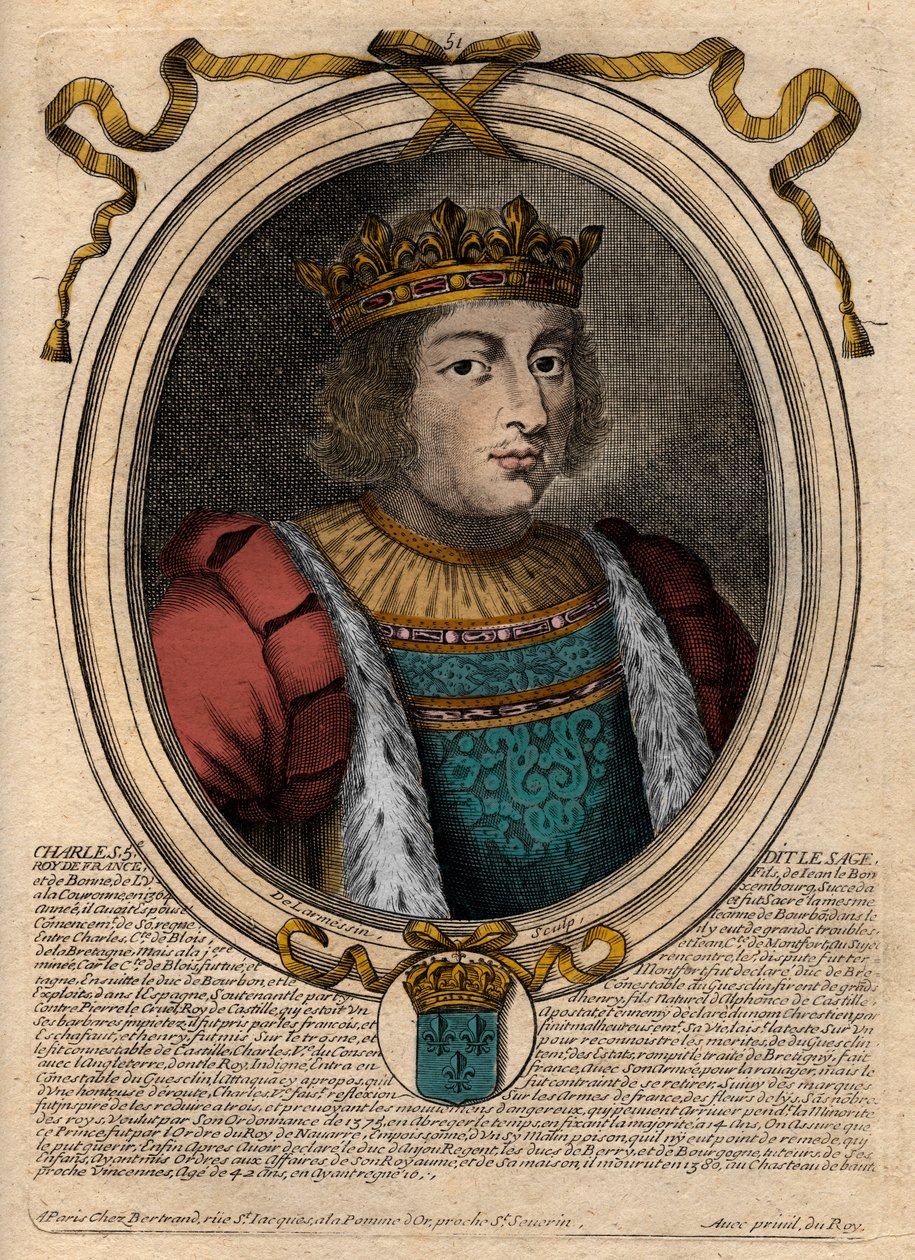 Ritratto di Carlo V il Saggio, re di Francia della Casa di Valois - Incisione da 