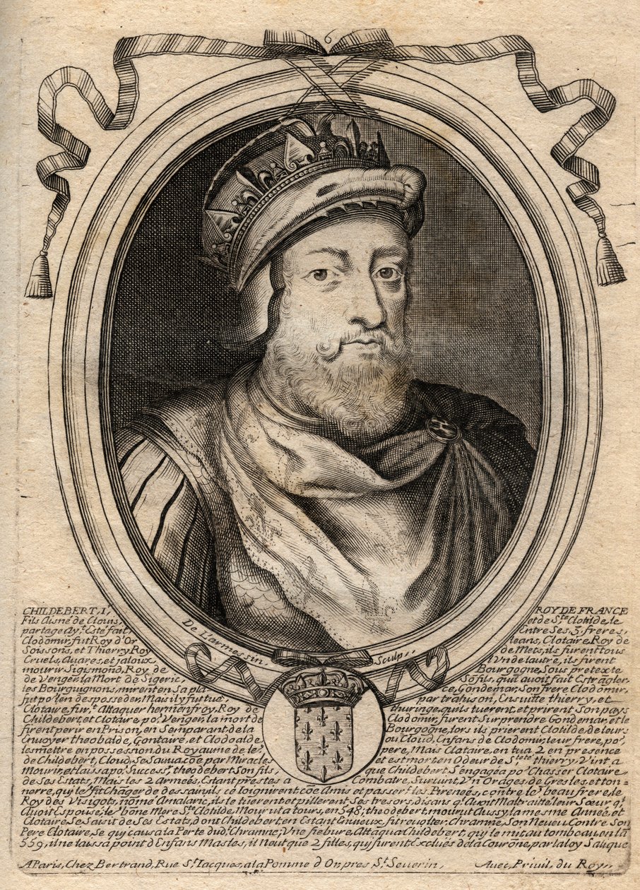 Ritratto di Childeberto I, Re dei Franchi - Re Childeberto I (497-558) - incisione da 