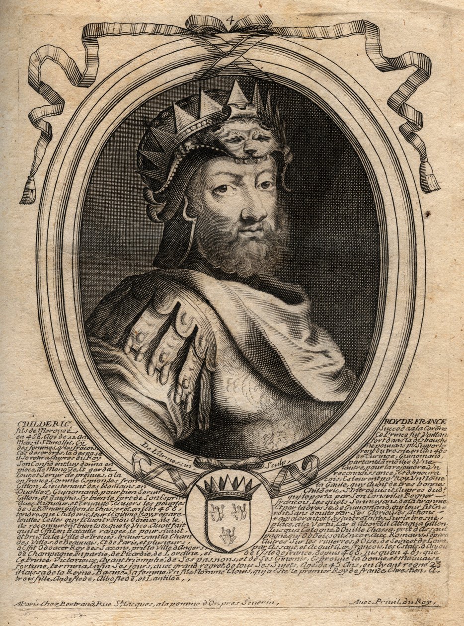 Ritratto di Childerico I, re dei Franchi Salii (436-481) - CHILDERIC I Re dei Franchi Salii - incisione da 