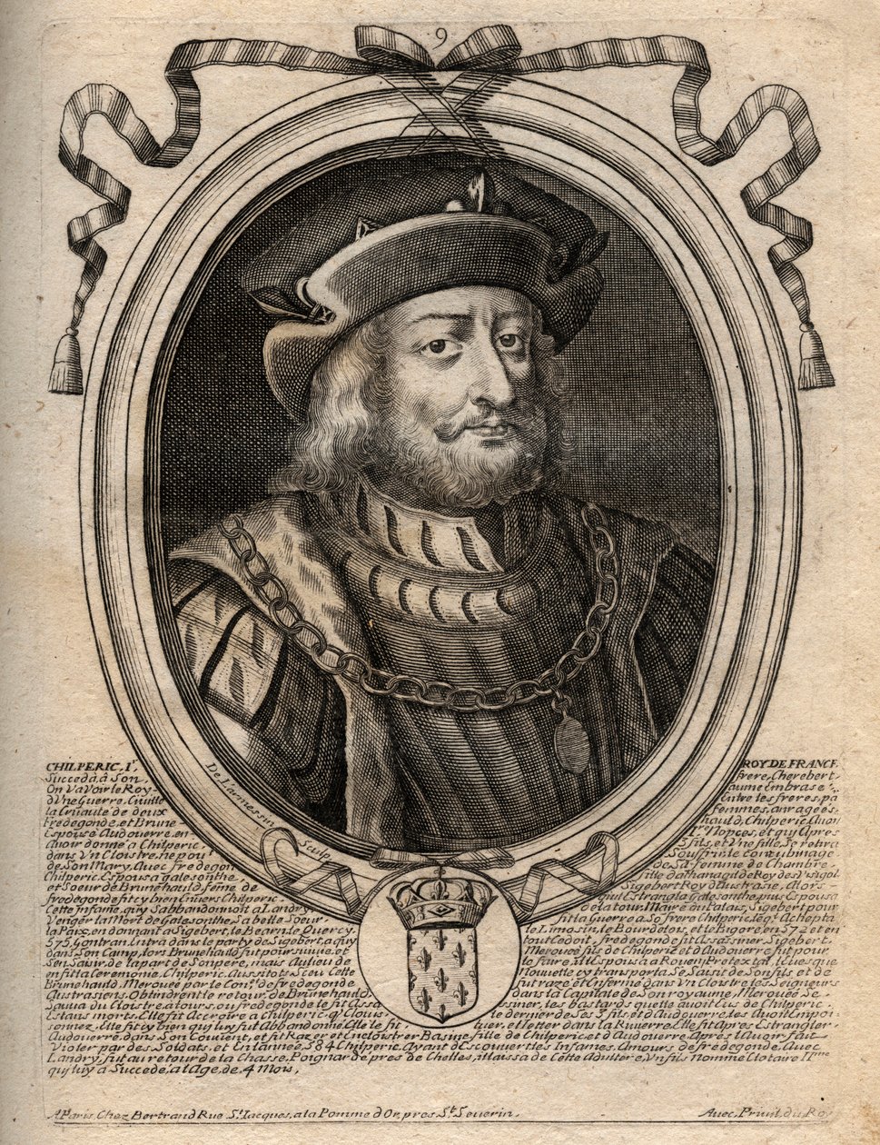 Ritratto di Chilperico I (539 - 584), Re di Neustria - Chilperico I, Re Merovingio di Francia - incisione da 