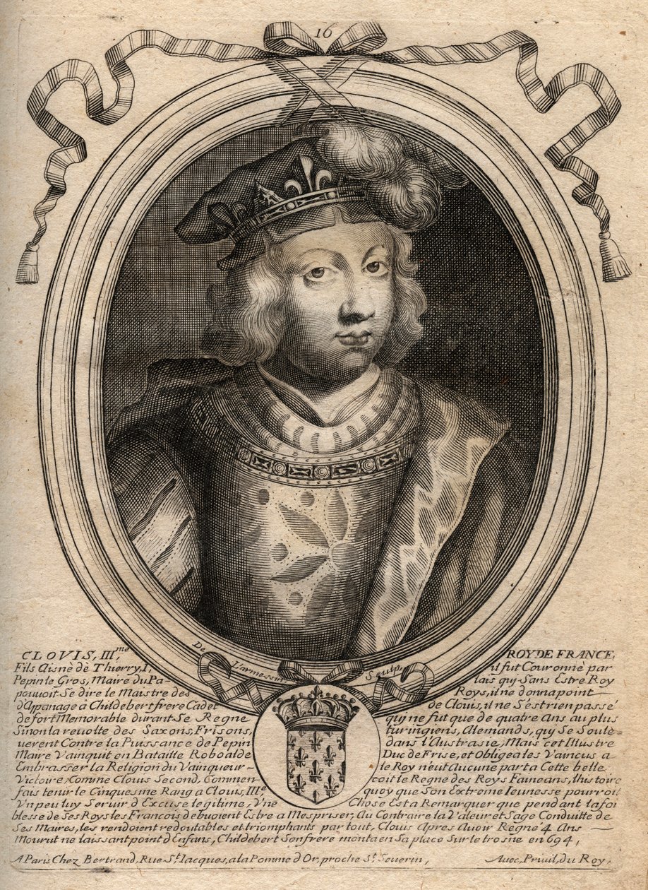 Ritratto di Clodoveo III, re dei Franchi dal 691 al 695 - CLOVIS III re merovingio di Neustria e Austrasia - incisione da 